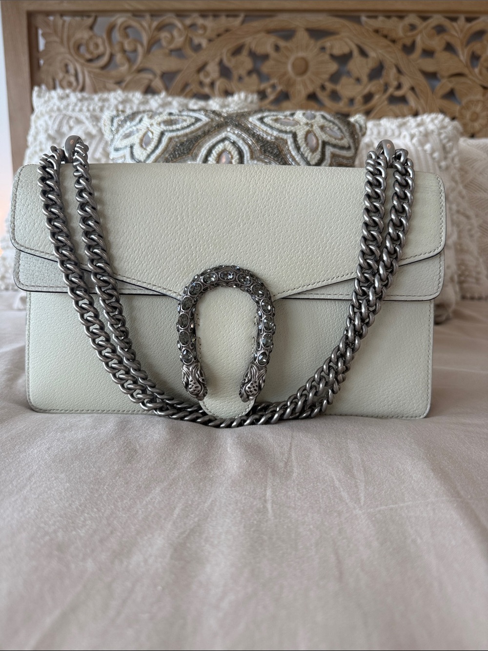 Gucci Dionysus Textured Calfskin Crystal Medium Shoulder Bag MysticWhite